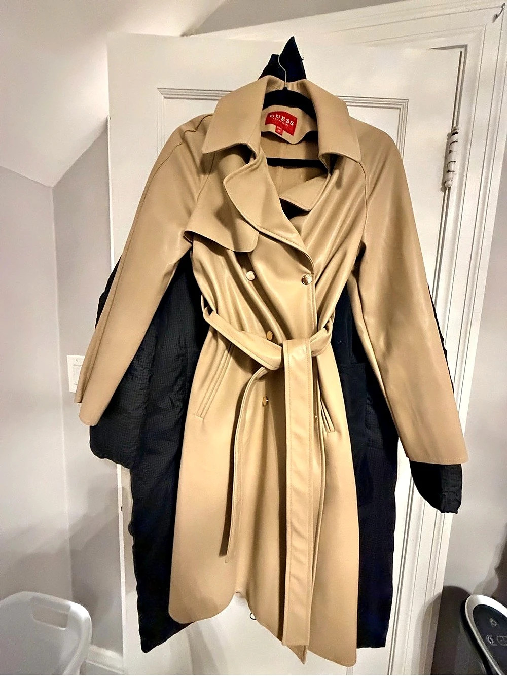 GUESS Faux Leather Belted Trench Coat Brown Medium